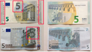 Áreas con relieve en billete de 5 euros